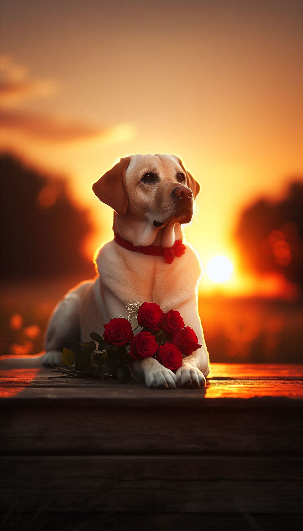 Labrador Sitting Gracefully with a Handful of Roses at Sunset