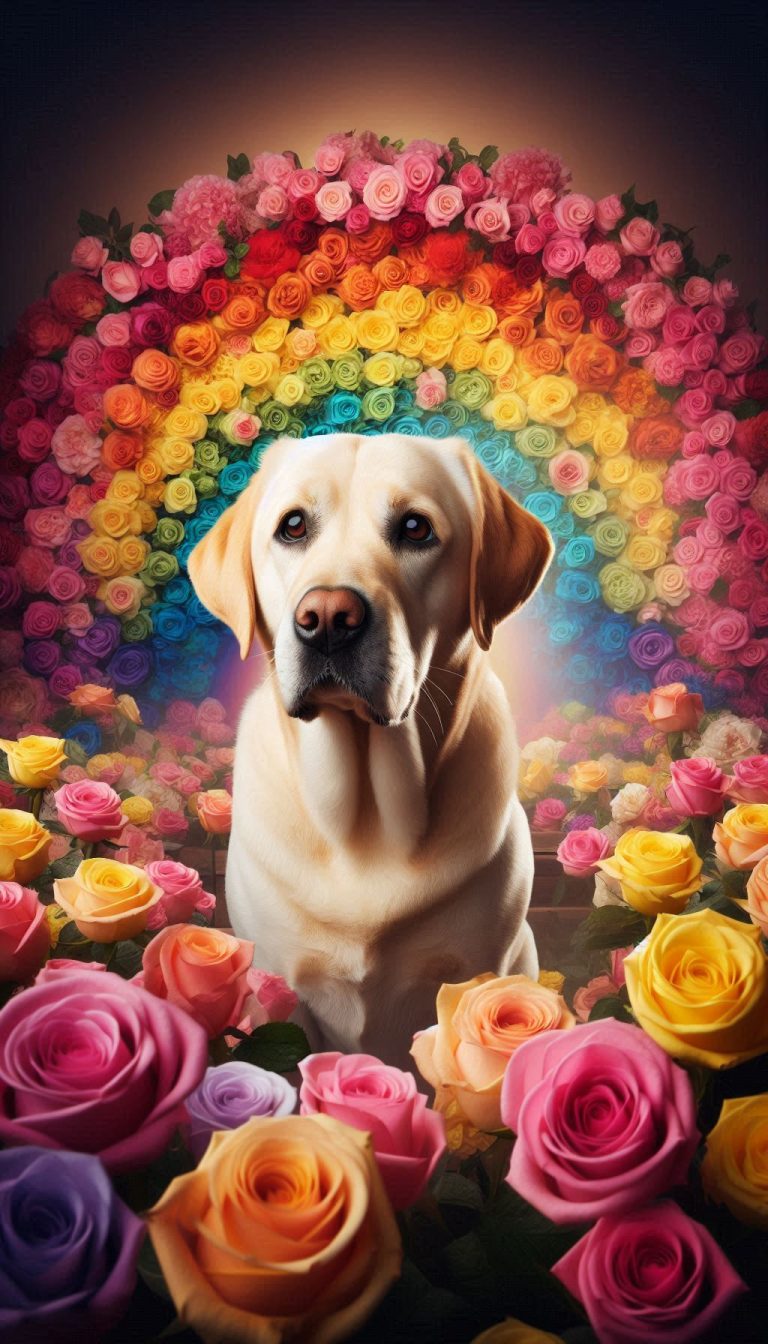 Labrador Surrounded by a Rainbow of Roses in a Whimsical Setting