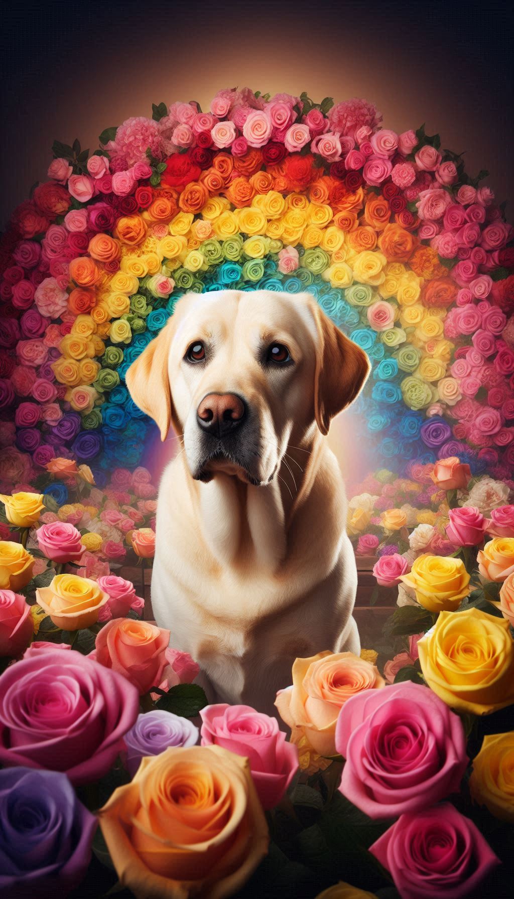 Labrador Surrounded by a Rainbow of Roses in a Whimsical Setting