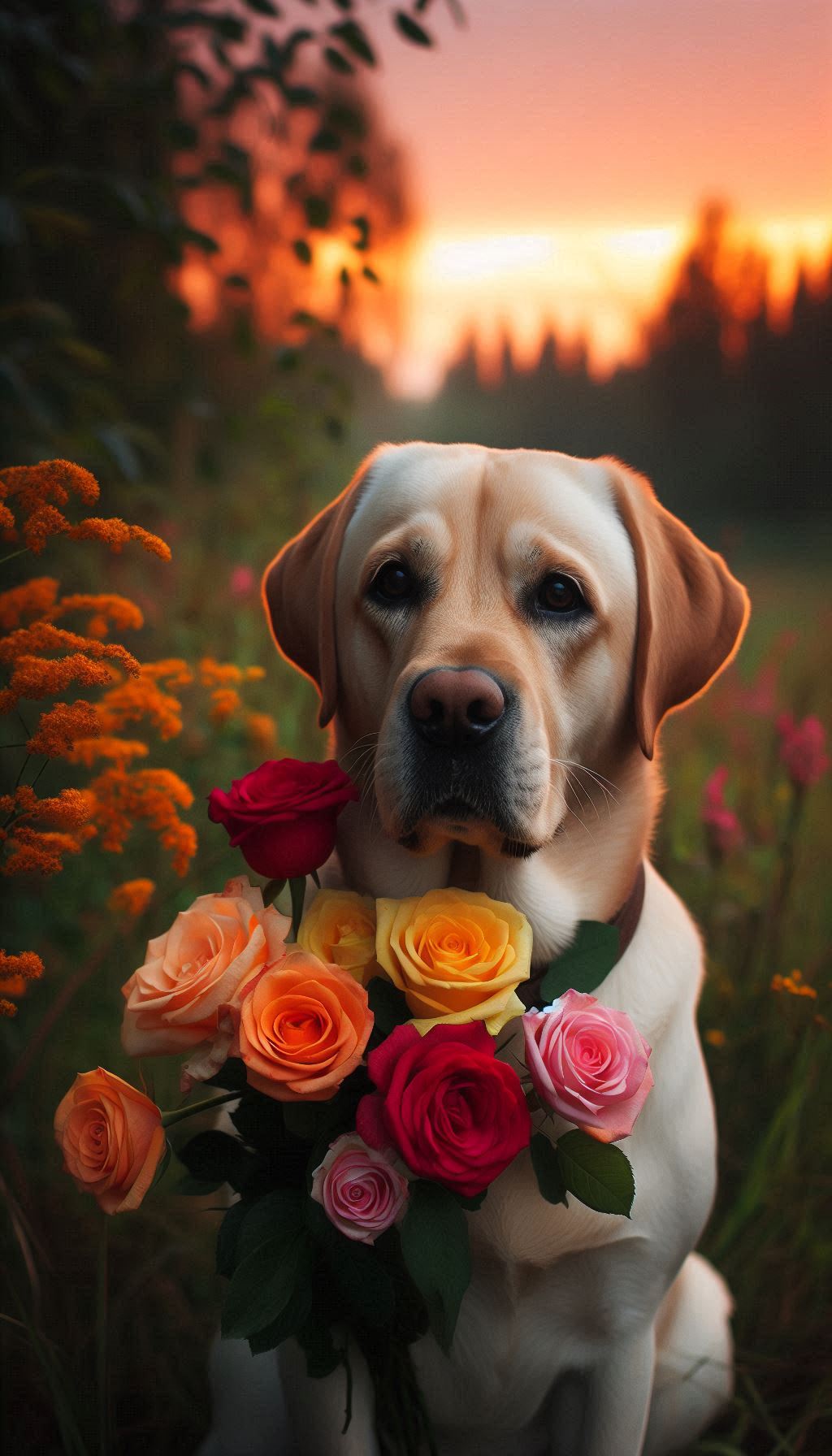 Labrador background with colorful roses in a natural setting at dusk for iPhone
