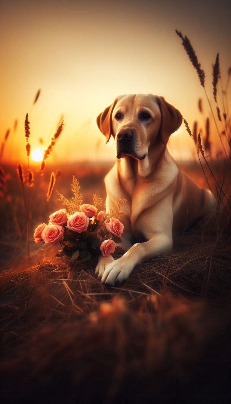 Labrador relaxing with handful of roses at sunset HD Wallpaper for Android