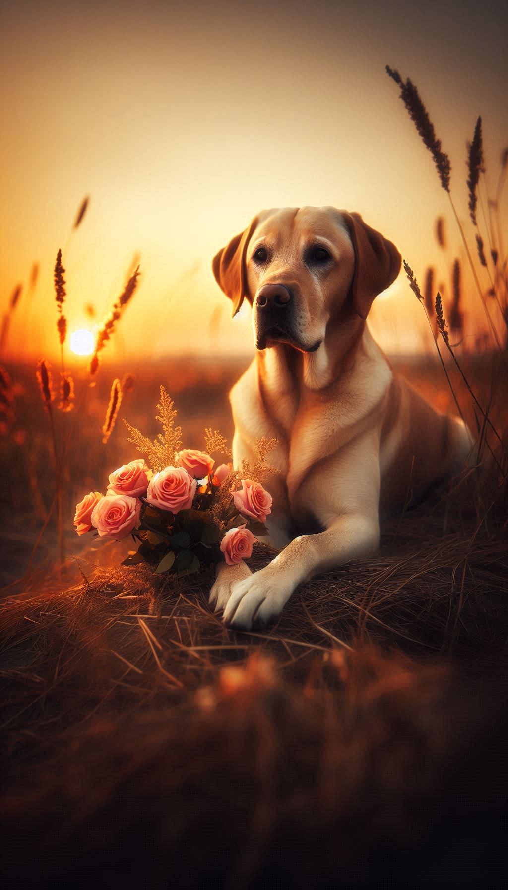 Labrador relaxing with handful of roses at sunset HD Wallpaper for Android