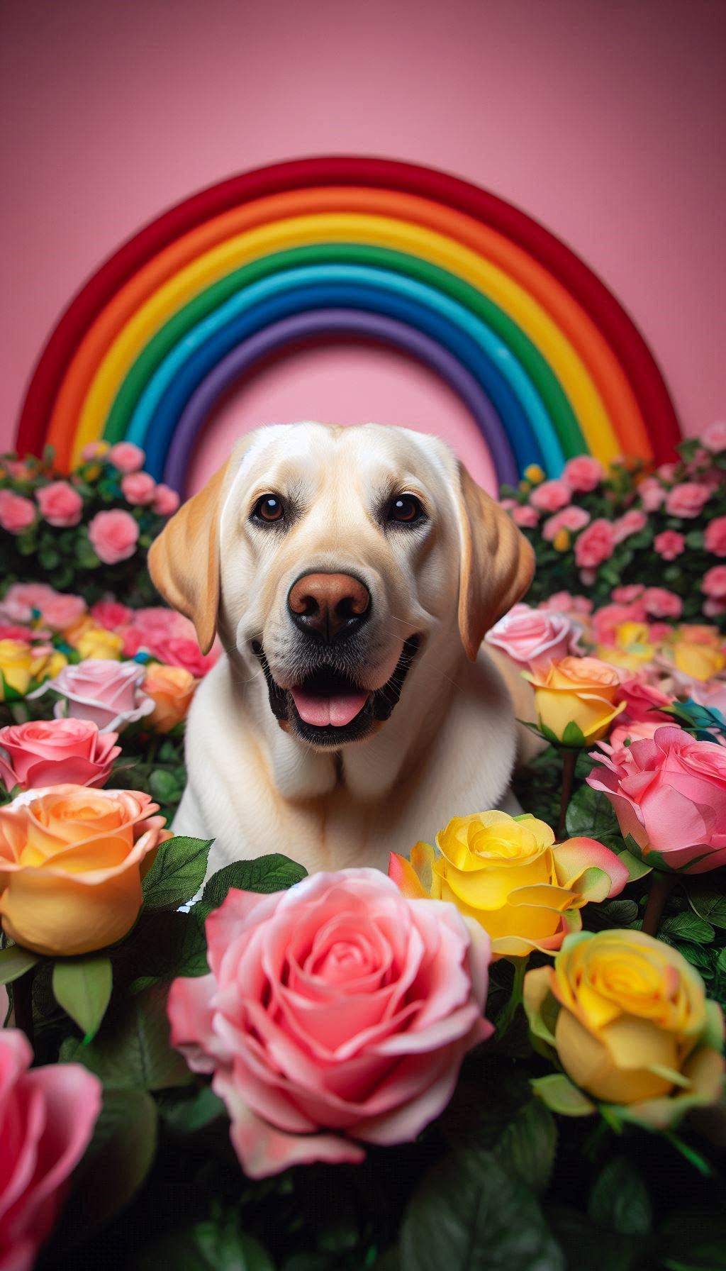 Labrador surrounded by a rainbow of roses in an adorable setting Photo for iPhone