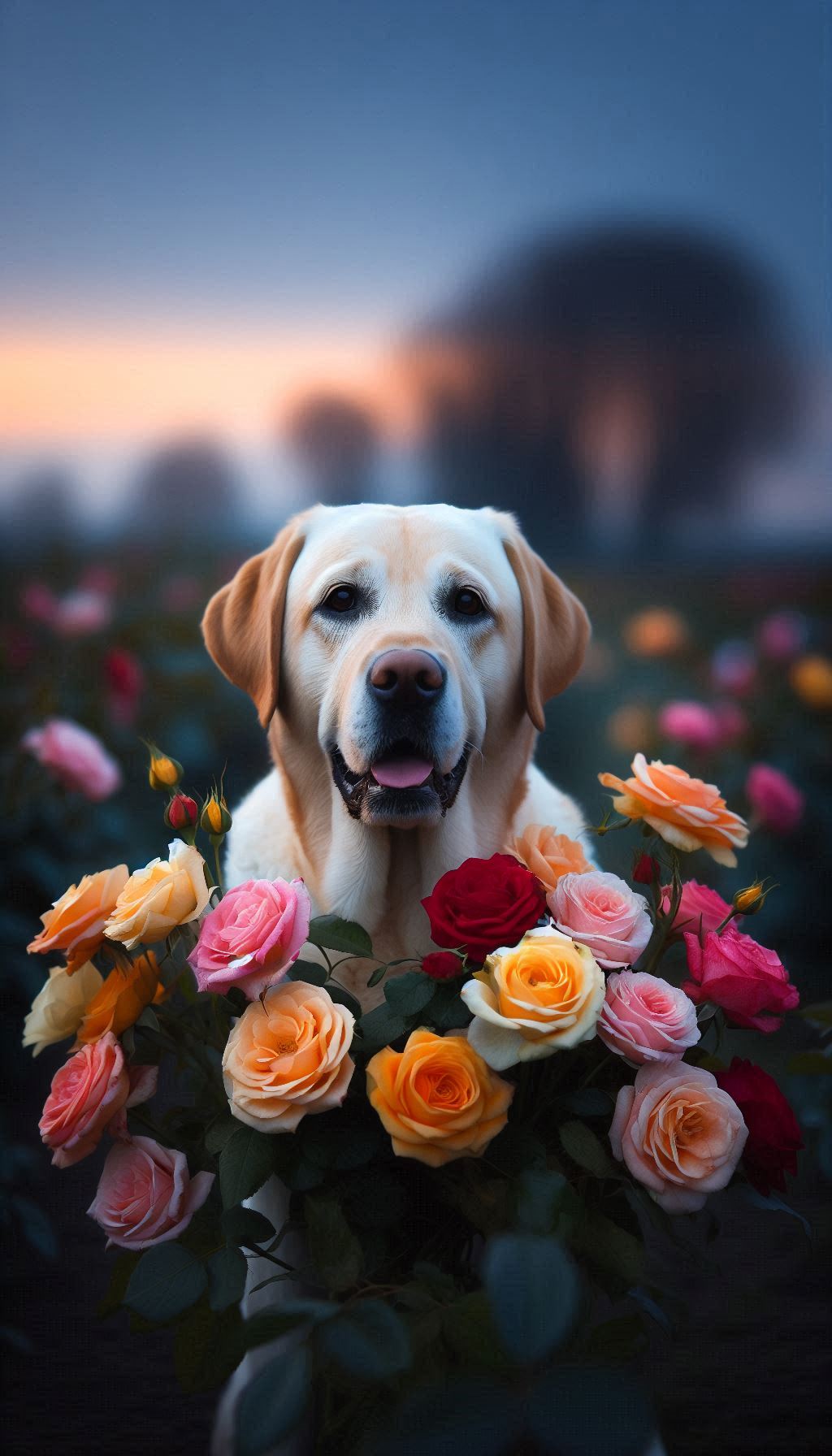 Labrador with Colorful Roses in a Natural Setting at Dusk