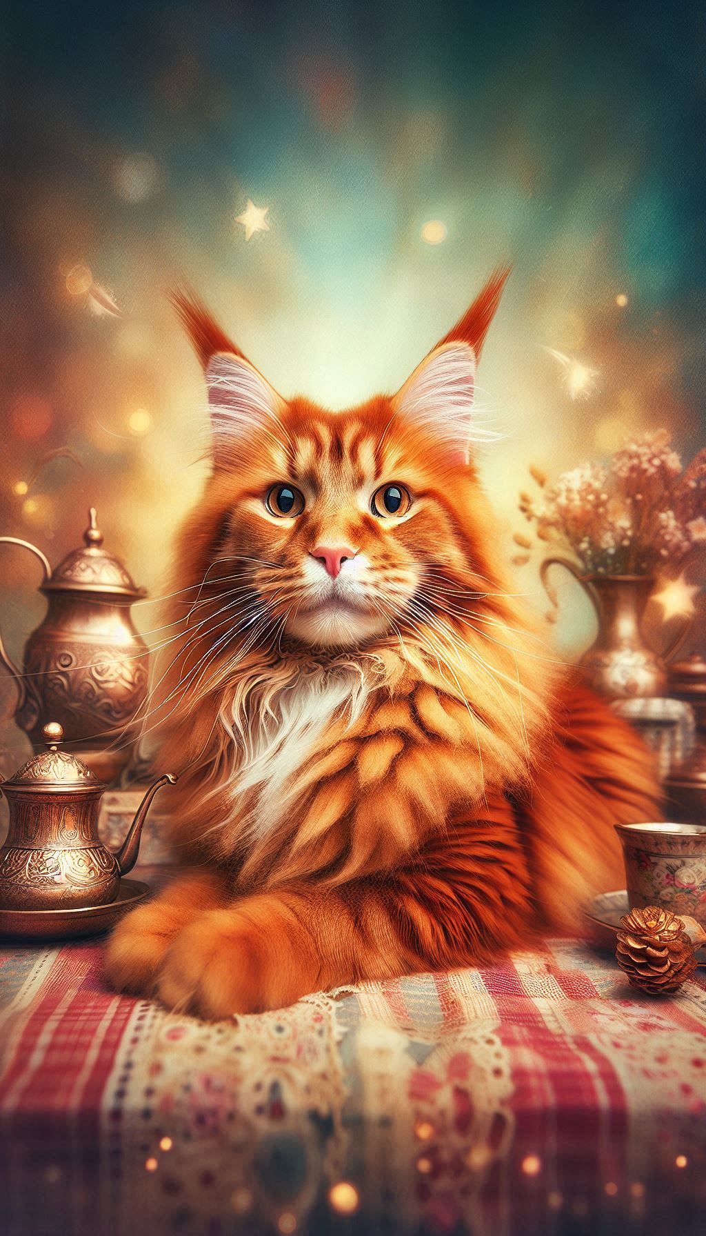 Lively Red Tabby Maine Coon Cat Whimsical Backgrounds for Home Decor