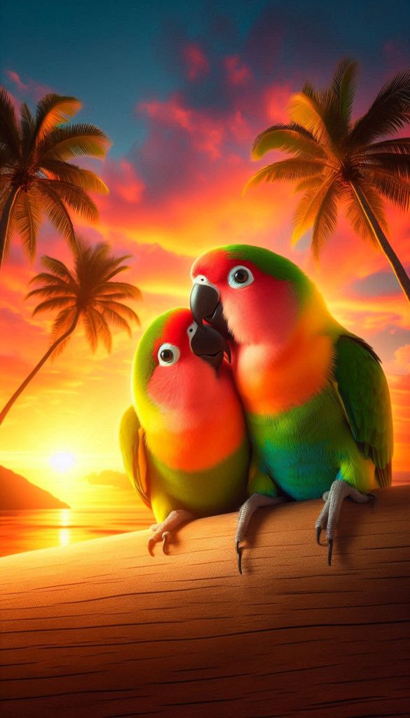Lively lovebird parrots sharing affection under tropical sunset background for android phone