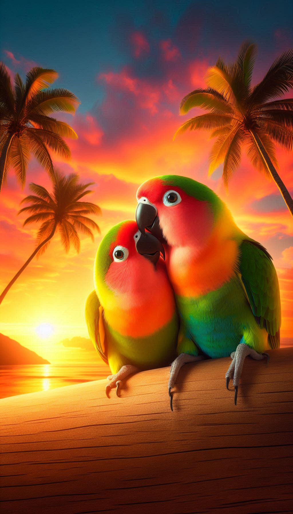 Lively lovebird parrots sharing affection under tropical sunset background for android phone
