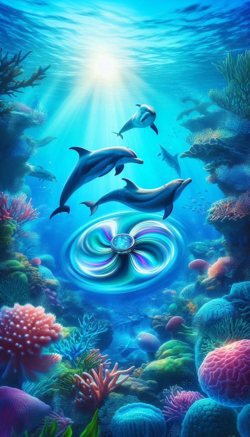 Magical Underwater Scene Featuring Dolphins Spinner Wallpaper for Relaxation
