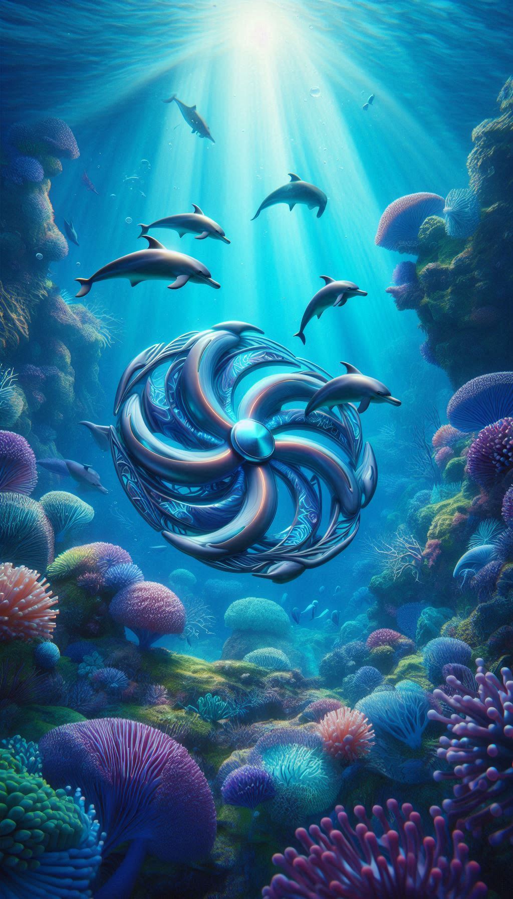Magical underwater scene featuring dolphin spinner wallpaper for relaxing HD mobile wallpaper for iPhone