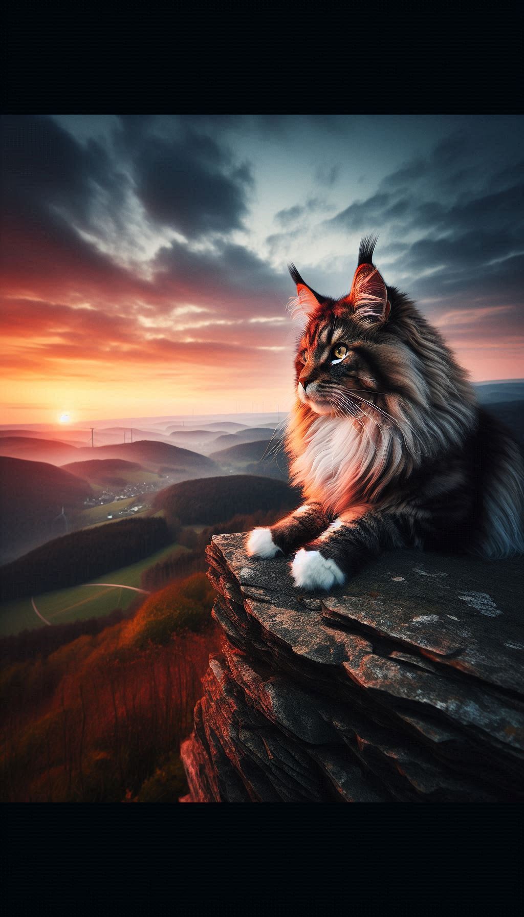 Maine Coon Cat Watching the Sunset from a Hilltop