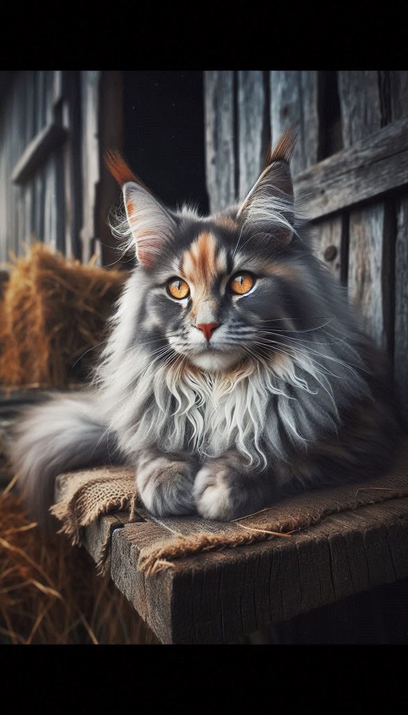 Maine Coon Cat with Striking Blue Eyes on a Rustic Farm