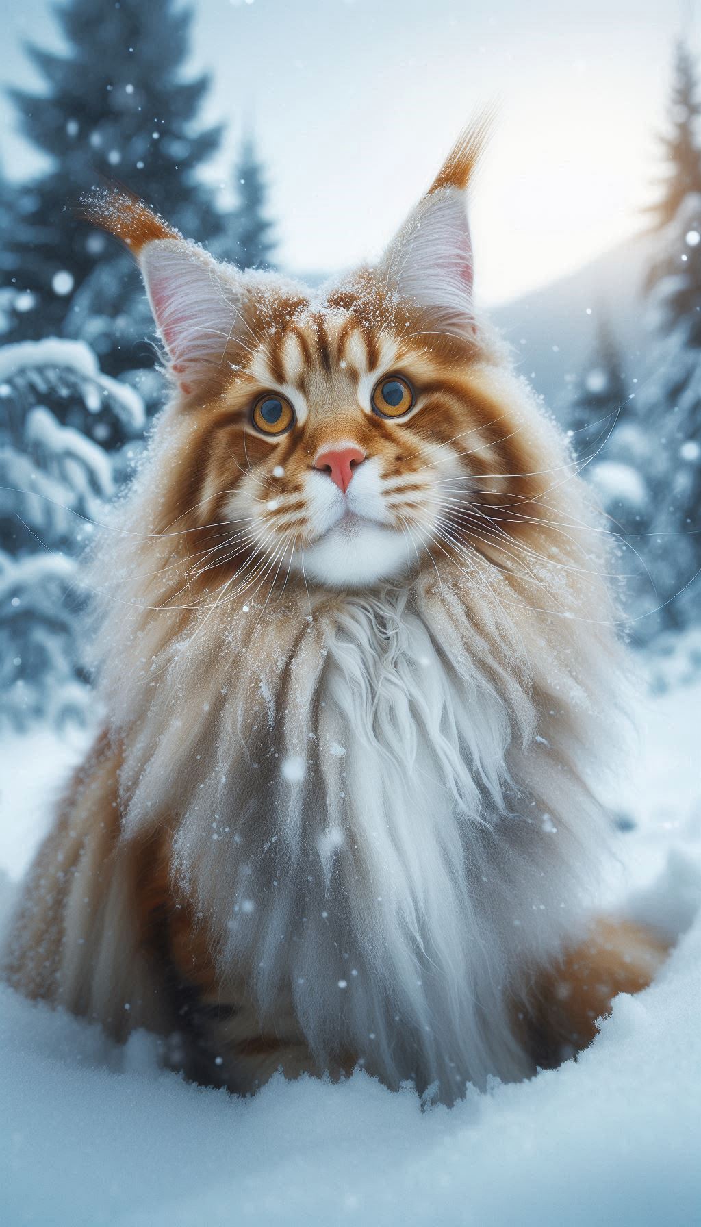 Maine Coon Cat with a Playful Expression in a Snowy Landscape