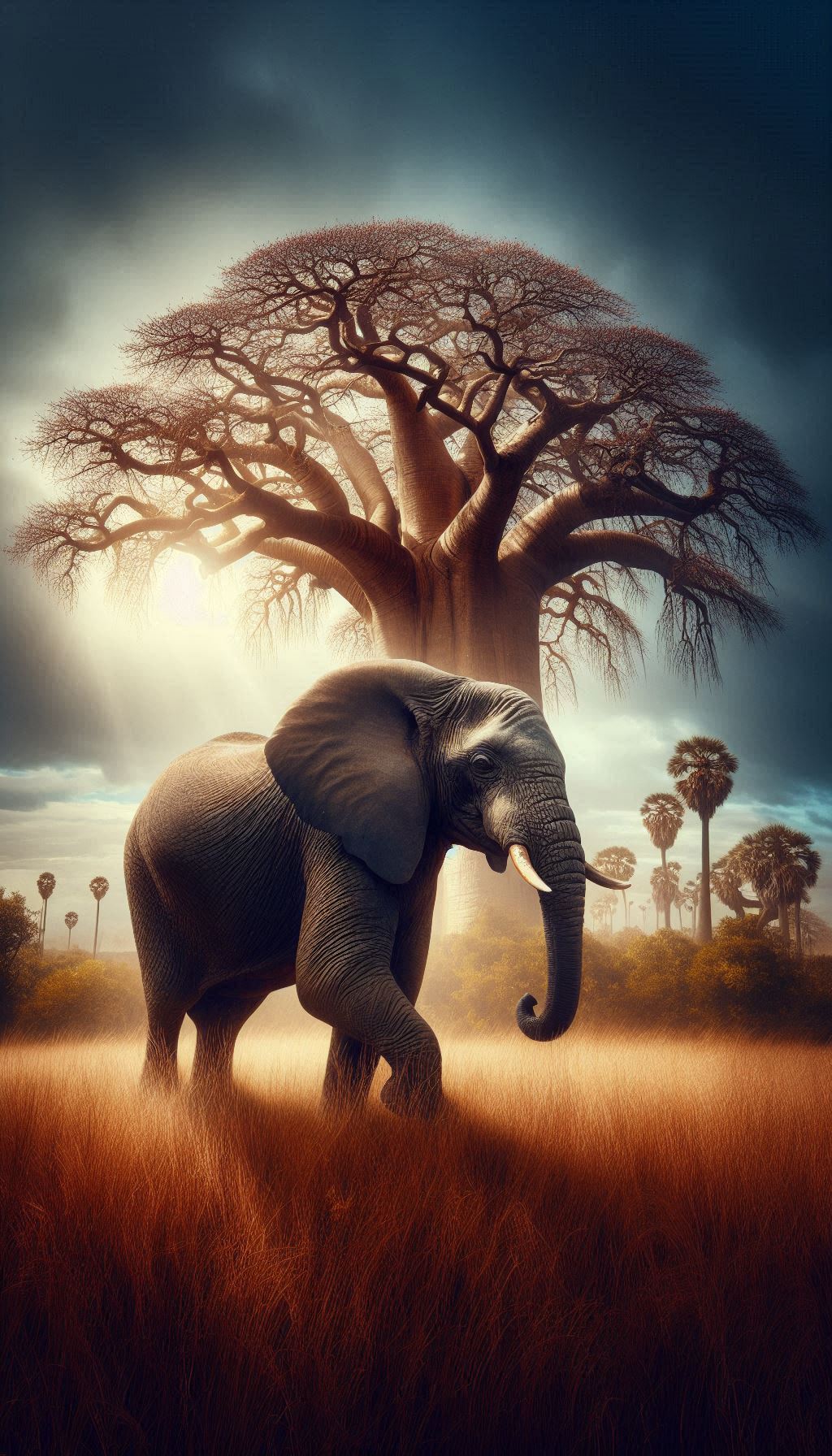 Majestic African Elephant Under a Baobab Tree Wallpaper
