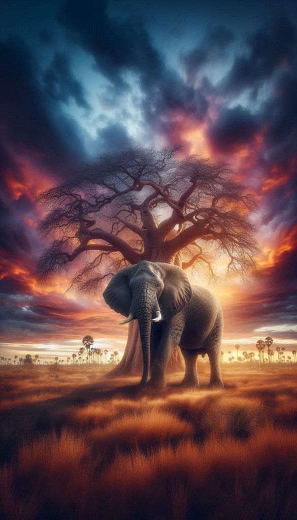 Majestic African elephant wallpaper under the baobab tree for your smartphone