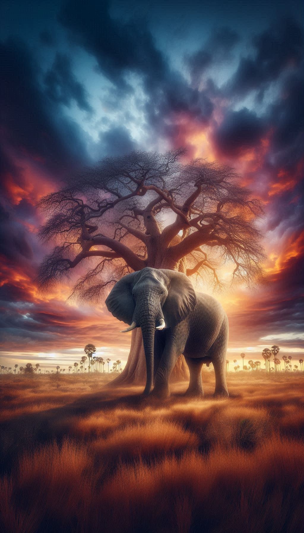 Majestic African elephant wallpaper under the baobab tree for your smartphone