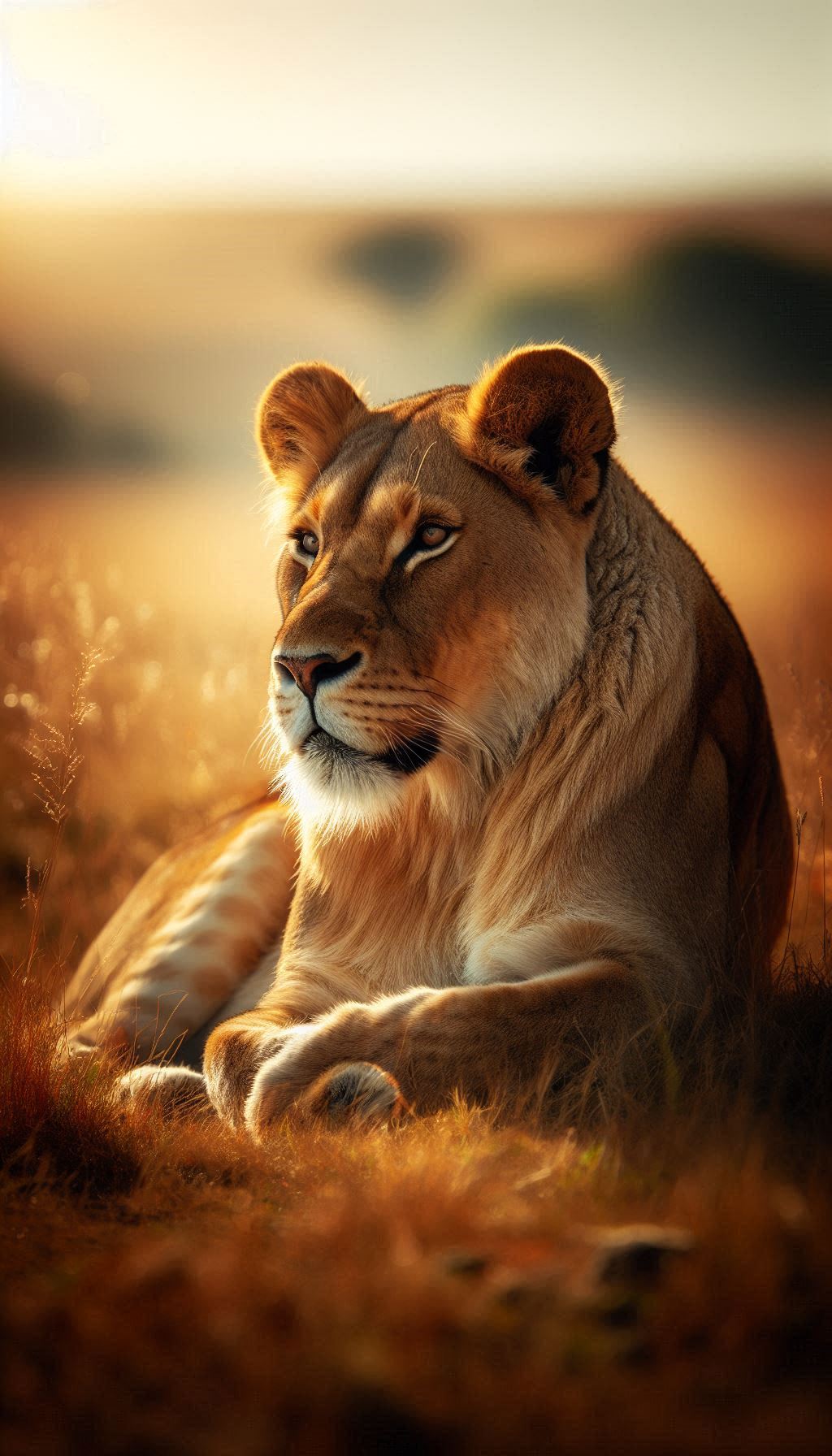 Majestic Asiatic Lioness Resting in Sunlit Savanna