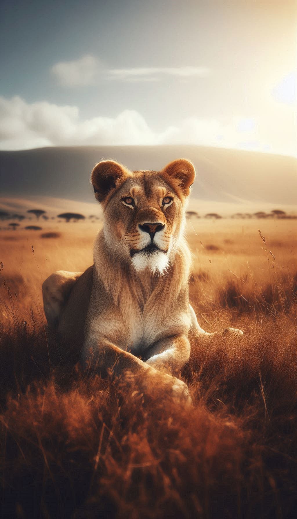 Majestic Asiatic lioness relaxes in sunlight on savannah background For Android