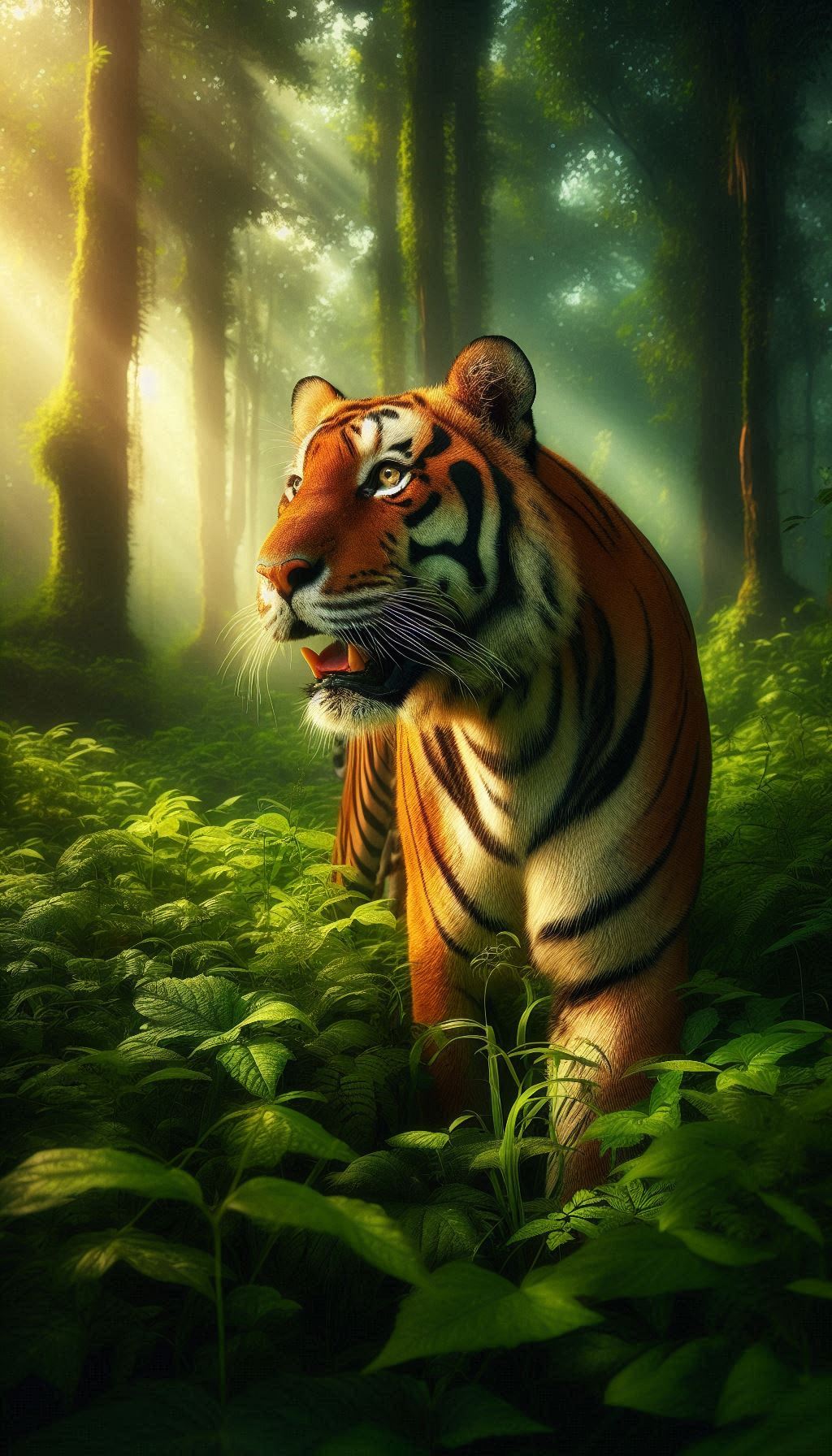 Majestic Bengal Tiger Roaming in Lush Green Jungle Wallpaper