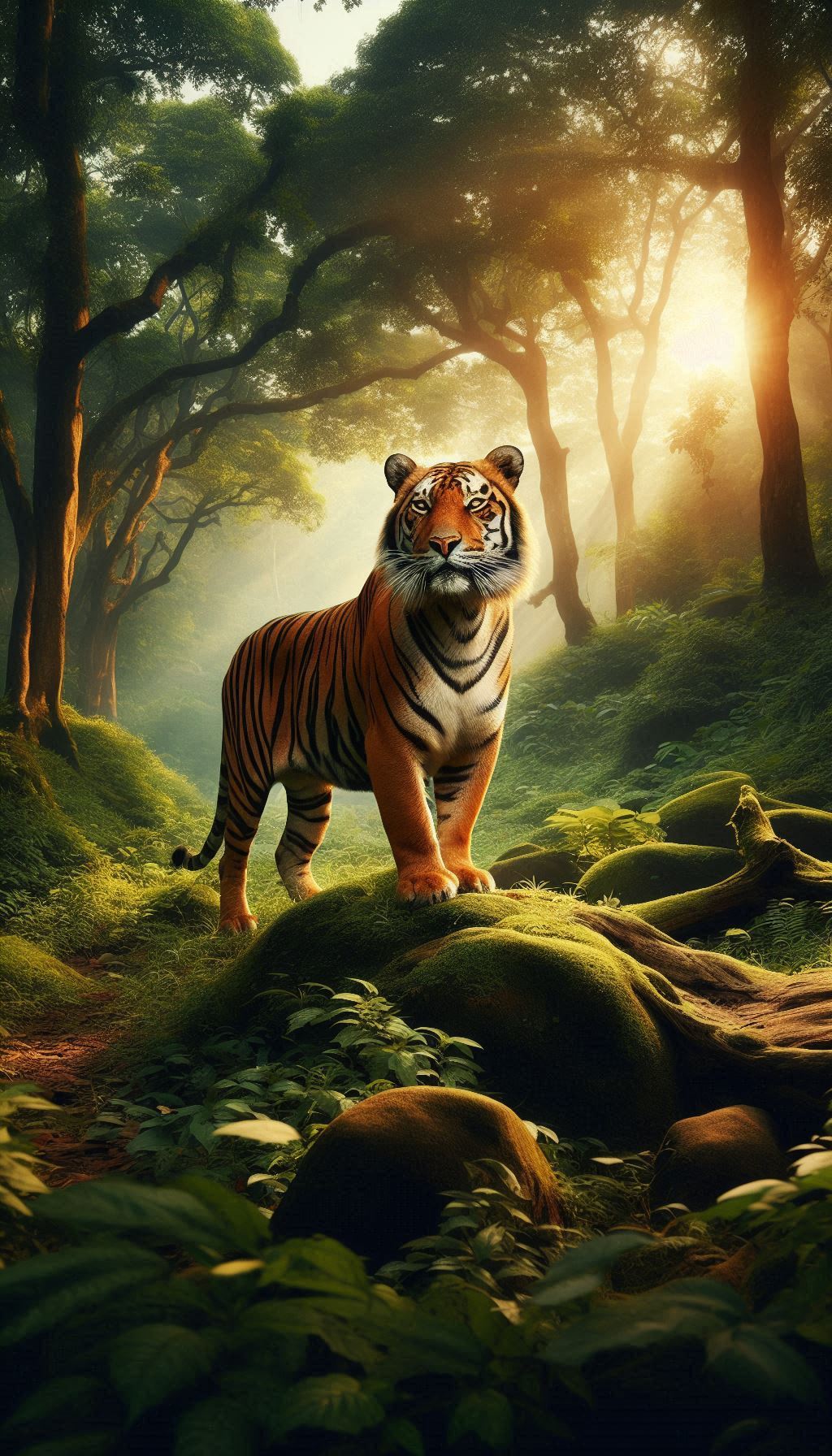 Majestic Bengal Tiger roaming in lush green forest HD mobile wallpaper for iPhone