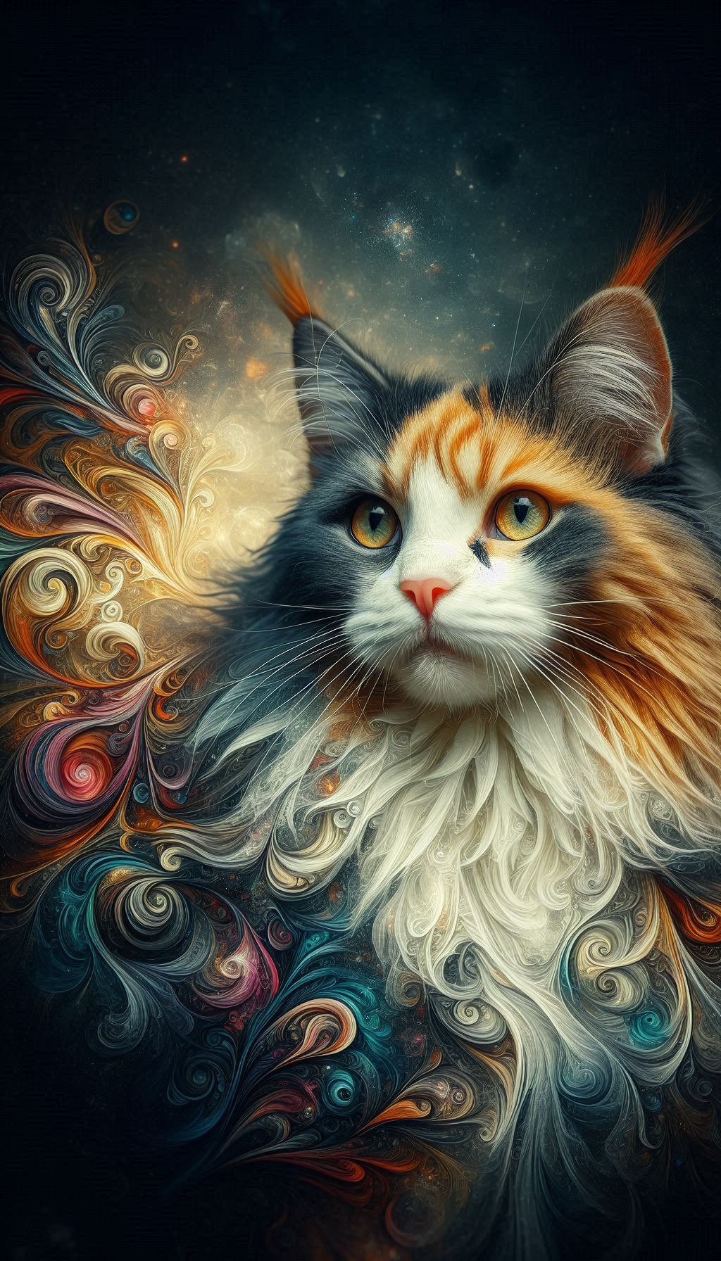 Majestic Calico Maine Coon artistic wallpaper showcasing feline beauty background for mobile