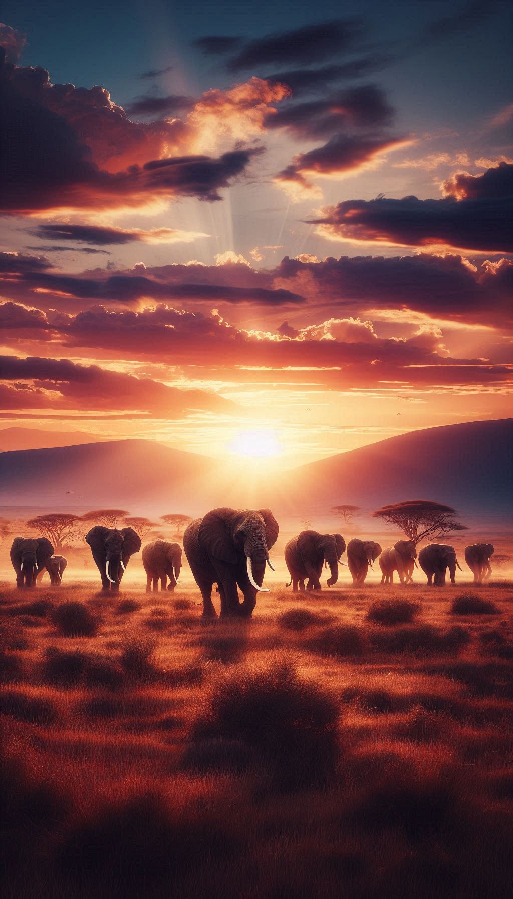 Majestic Elephant Herd in a Serene Sunset Landscape