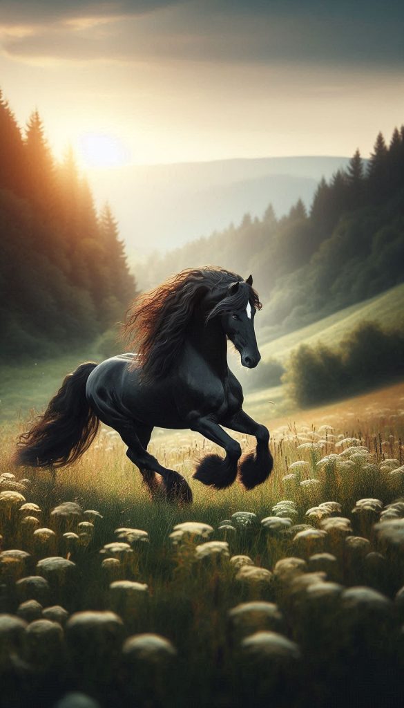Majestic Friesian Horse Galloping Through a Lush Meadow