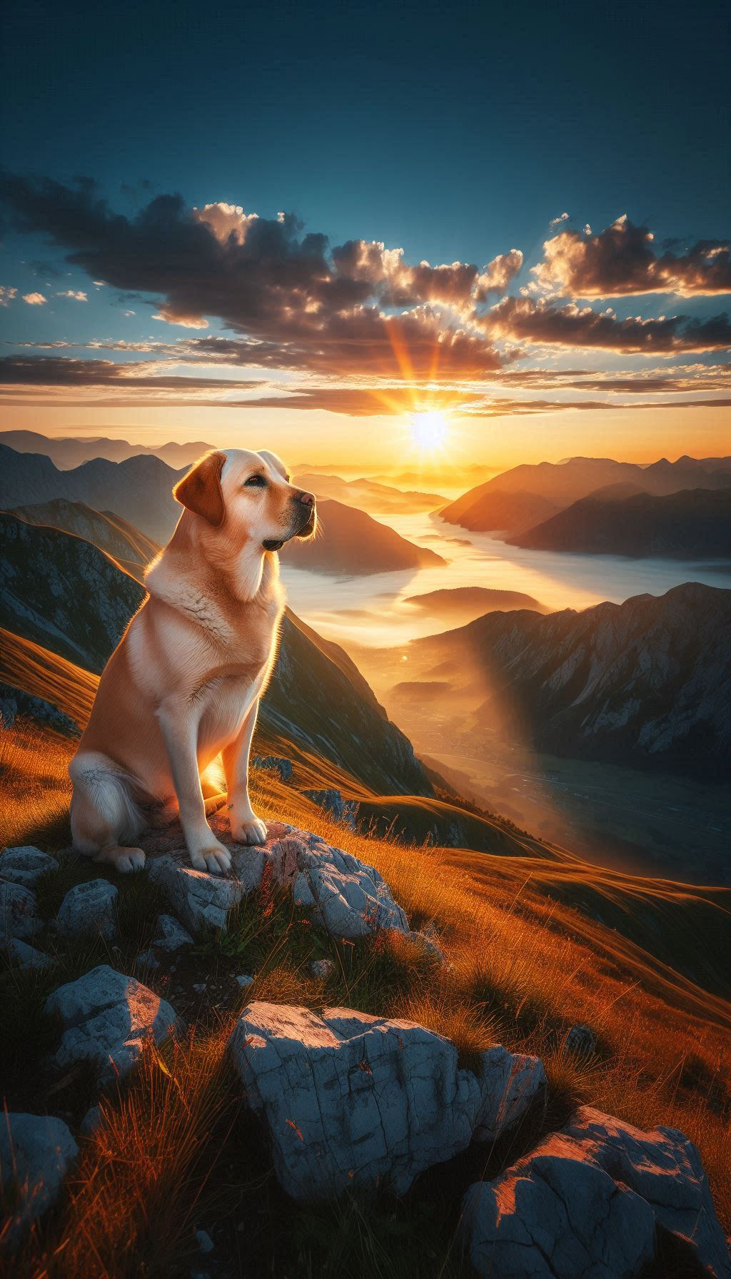 Majestic Golden Labrador Sitting on a Mountain Top at Sunrise