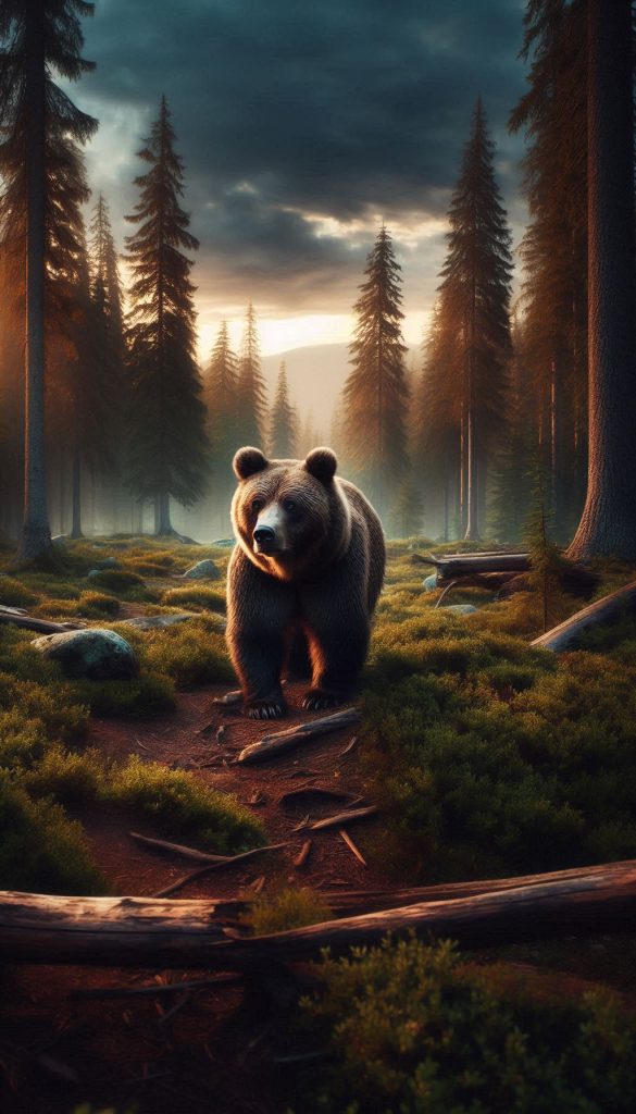 Majestic Grizzly Bear in a Forest at Dawn