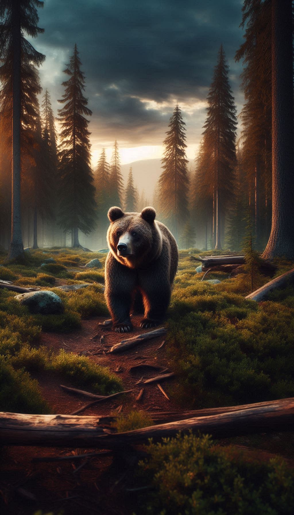 Majestic Grizzly Bear in a Forest at Dawn