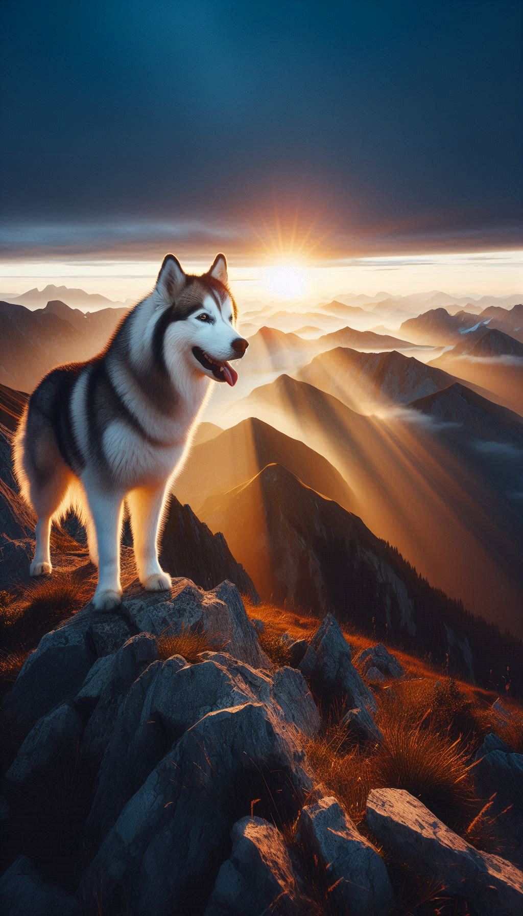 Majestic Husky Standing on a Mountain Peak at Sunrise