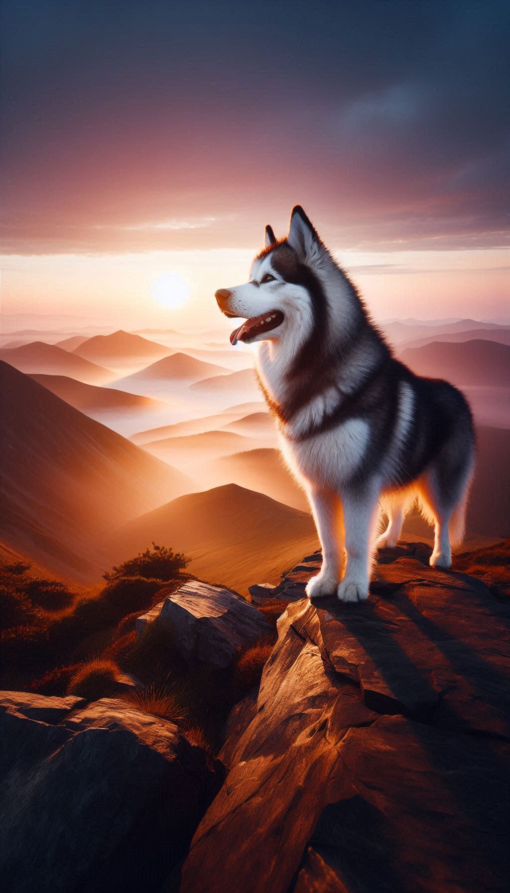 Majestic Husky standing on top of mountain at sunrise wallpaper for Android and iPhone
