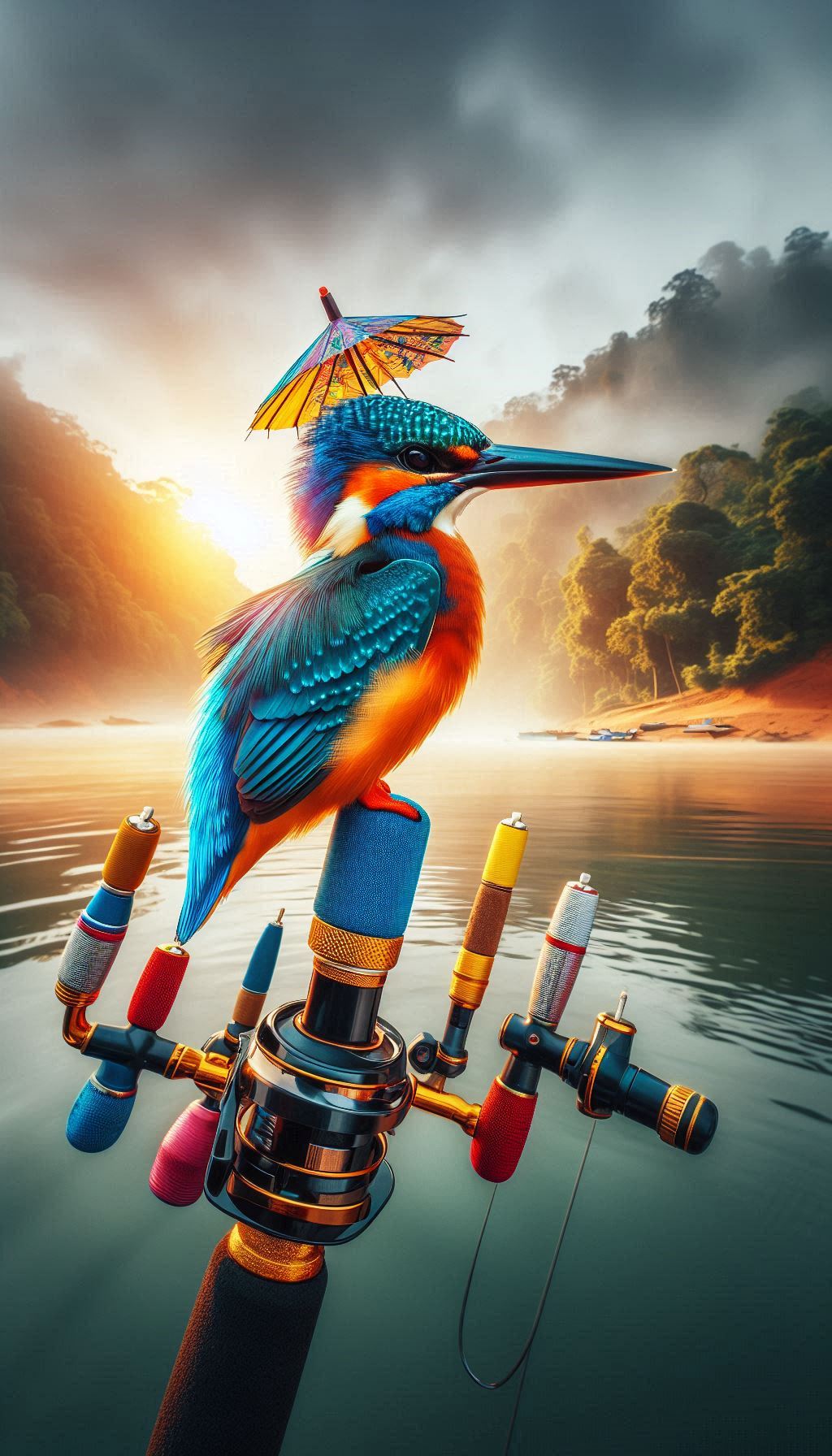 Majestic Kingfisher with Holes and Colorful Fishing Rod Wallpaper for Android Phones