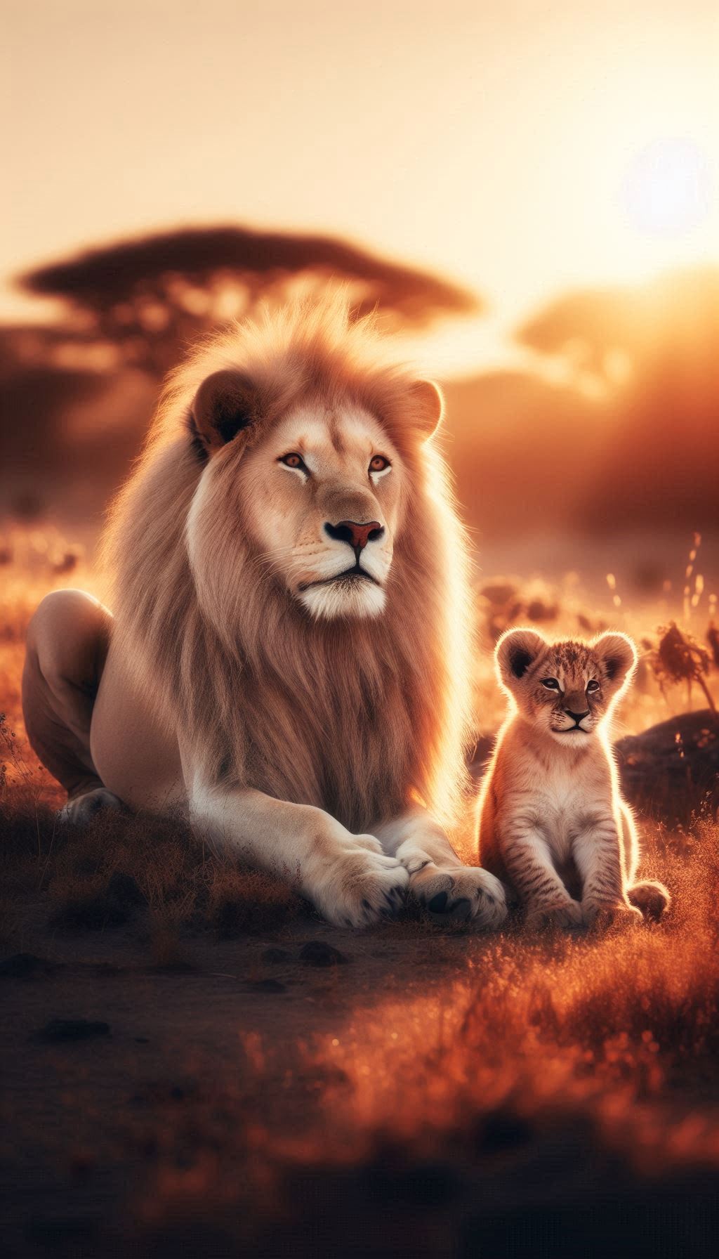 Majestic Lion Parent and Playful Cub in a Sunlit Savanna