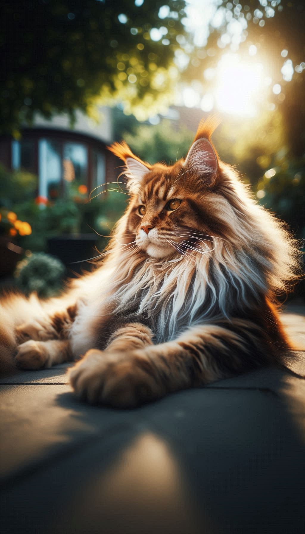 Majestic Maine Coon Cat Relaxing in a Sunlit Garden