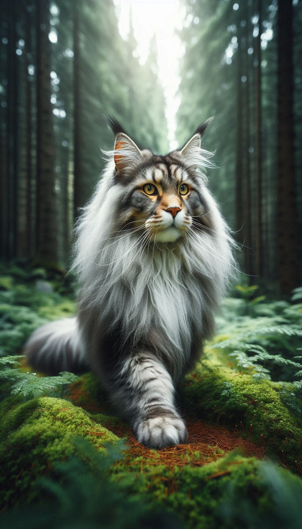 Majestic Maine Coon Roaming Through a Lush Forest