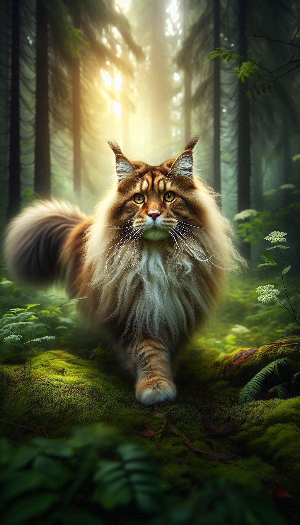 Majestic Maine Coon stands proudly in lush forest for phone and mobile