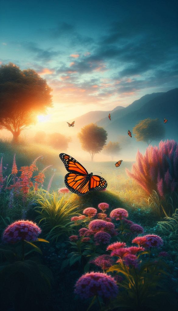 Majestic Monarch Butterfly in a Serene Garden Landscape Wallpaper