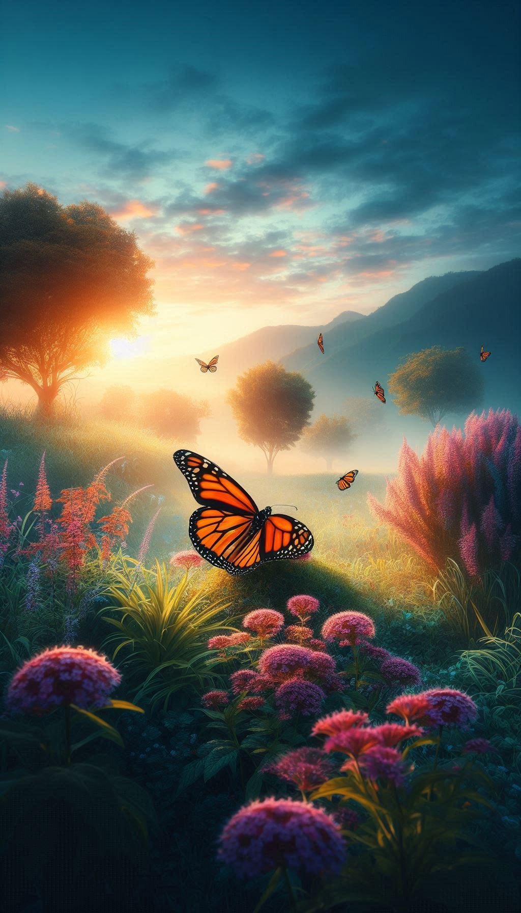 Majestic Monarch Butterfly in a Serene Garden Landscape Wallpaper