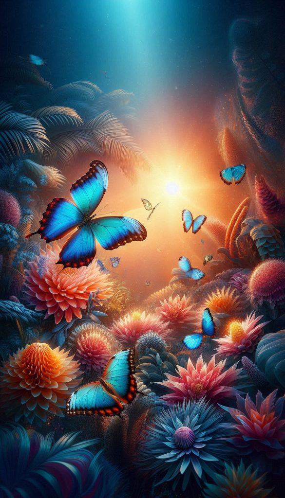 Majestic Morpho Butterflies Gliding Over Exotic Flowers Wallpaper