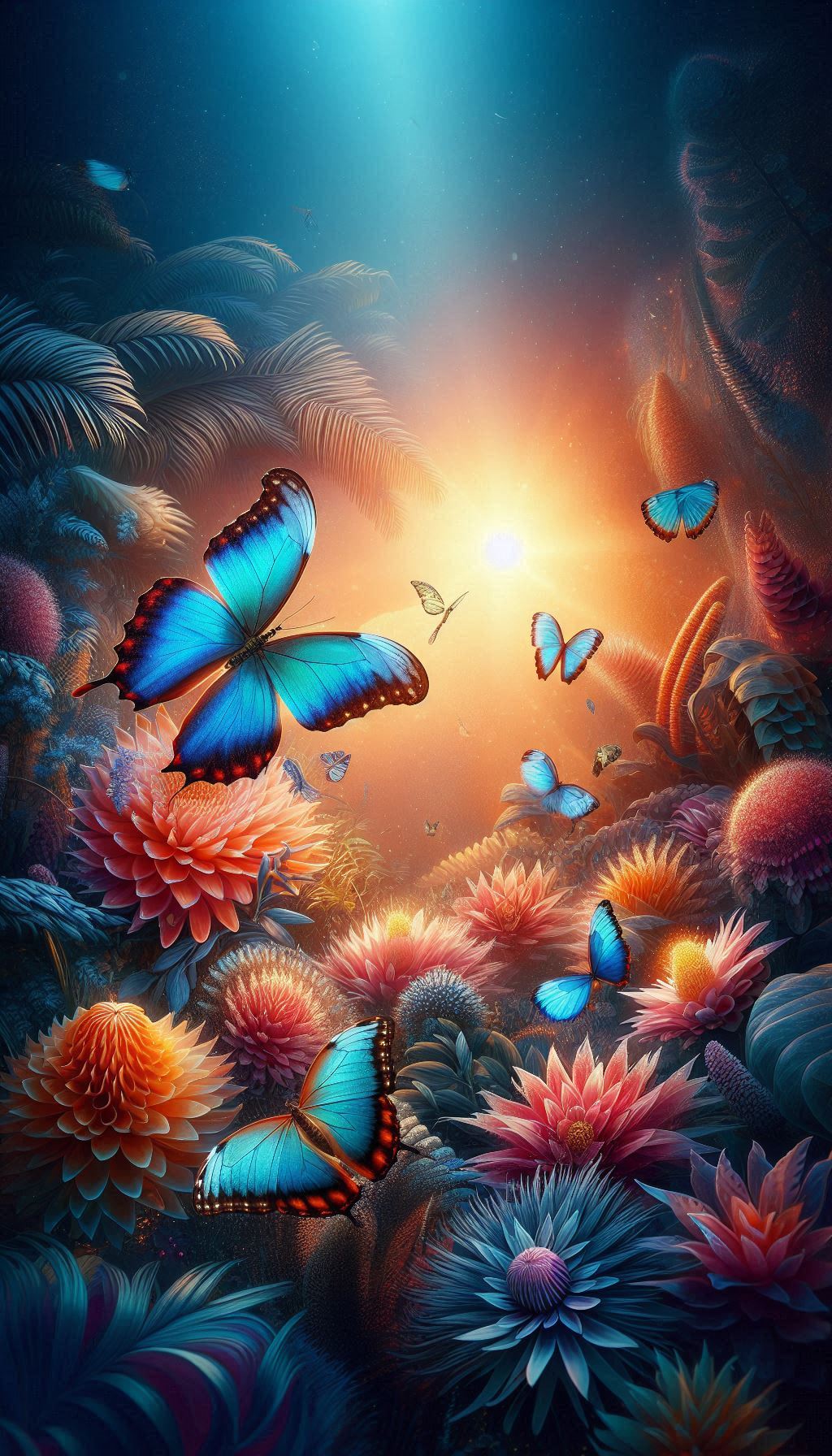 Majestic Morpho Butterflies Gliding Over Exotic Flowers Wallpaper