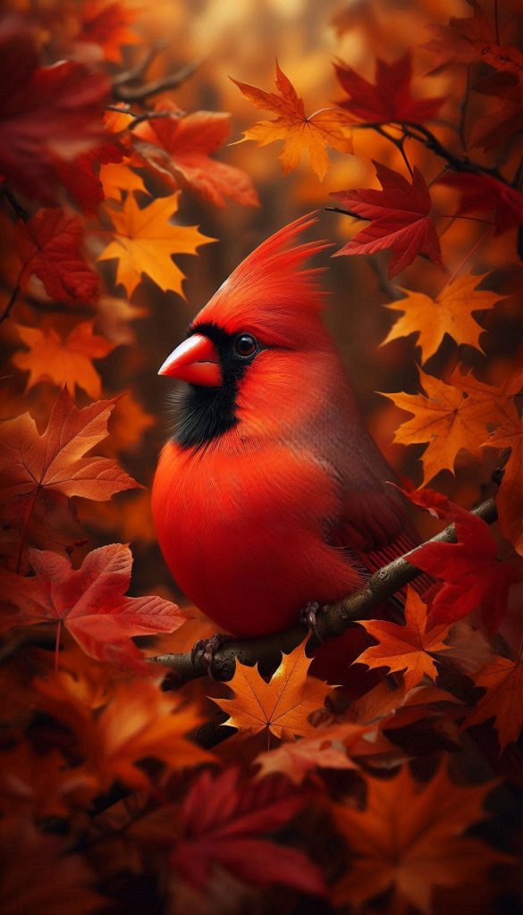 Majestic Northern Cardinal Surrounded by Fall Leaves