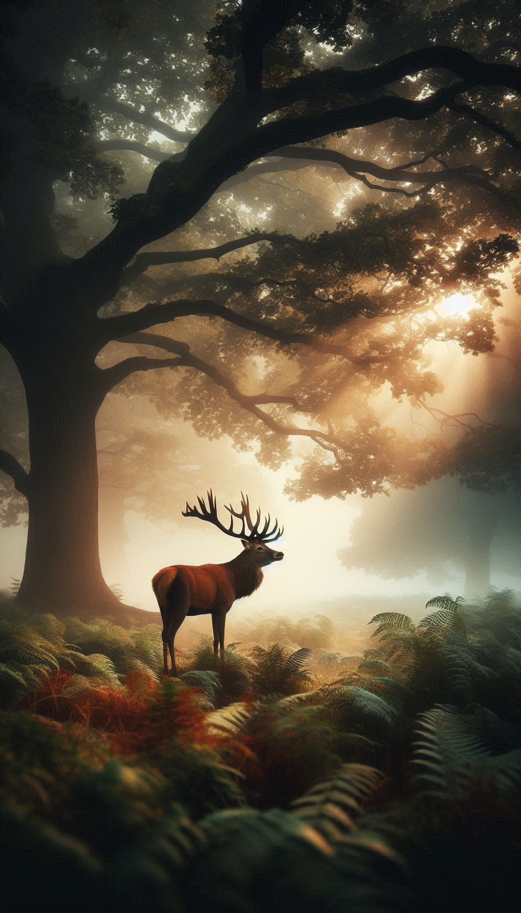 Majestic Red Deer in Misty Forest at Dawn