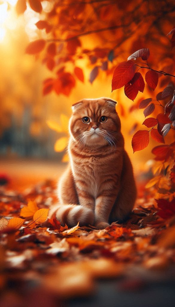 Majestic Red Scottish Fold Cat Sitting Amidst Autumn Leaves
