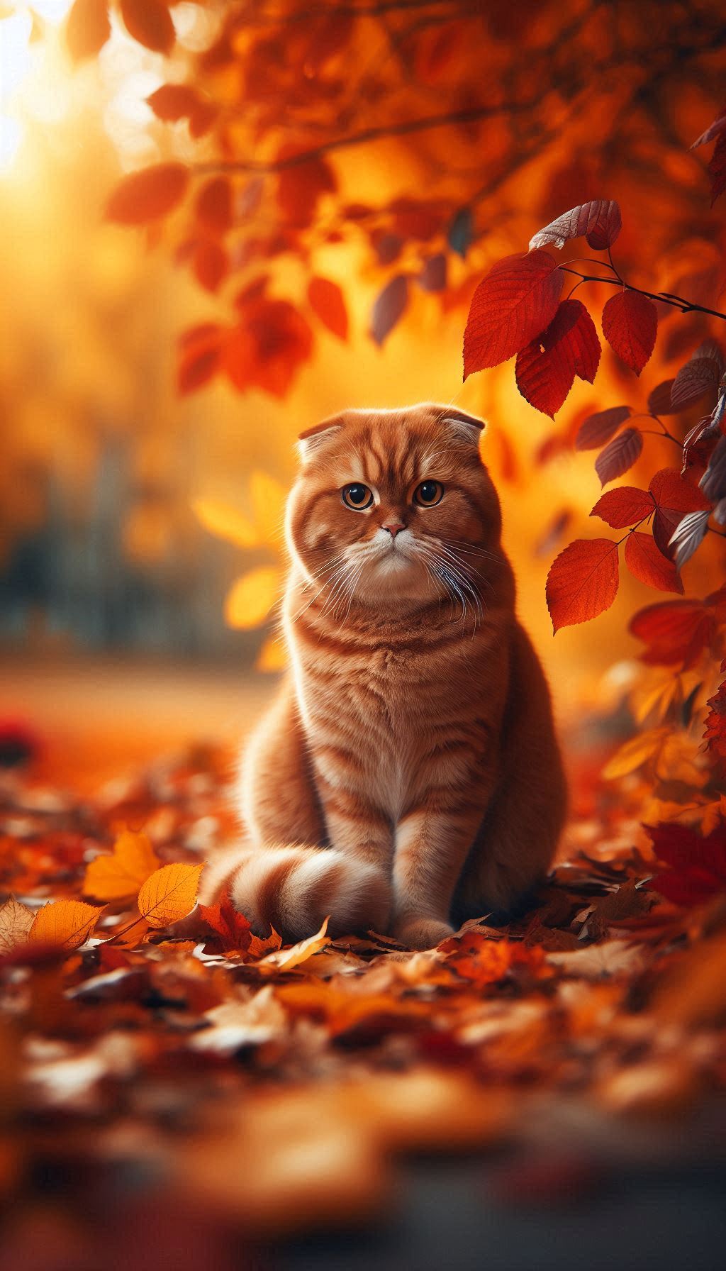 Majestic Red Scottish Fold Cat Sitting Amidst Autumn Leaves