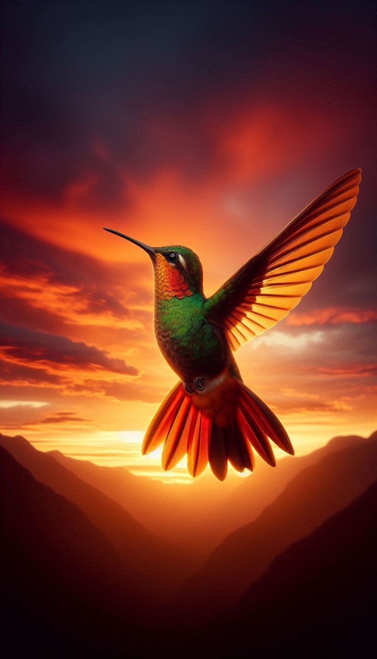 Majestic Rufous-tailed Hummingbird in Mid-Flight Against a Sunset Sky
