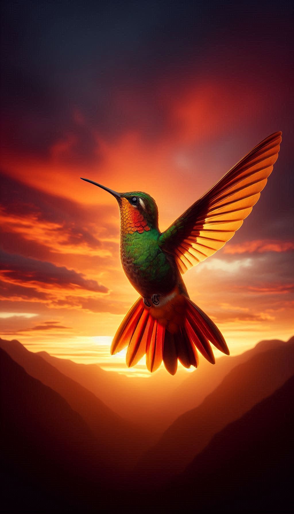 Majestic Rufous-tailed Hummingbird in Mid-Flight Against a Sunset Sky
