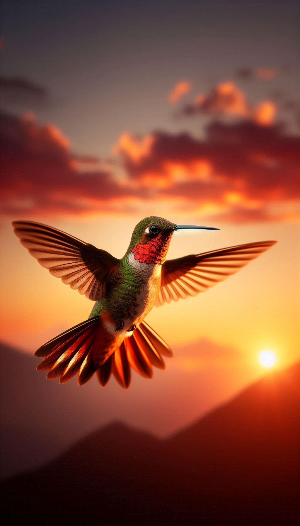 Majestic Rufous-tailed Hummingbird in mid-flight against sunset sky Free HD Wallpaper