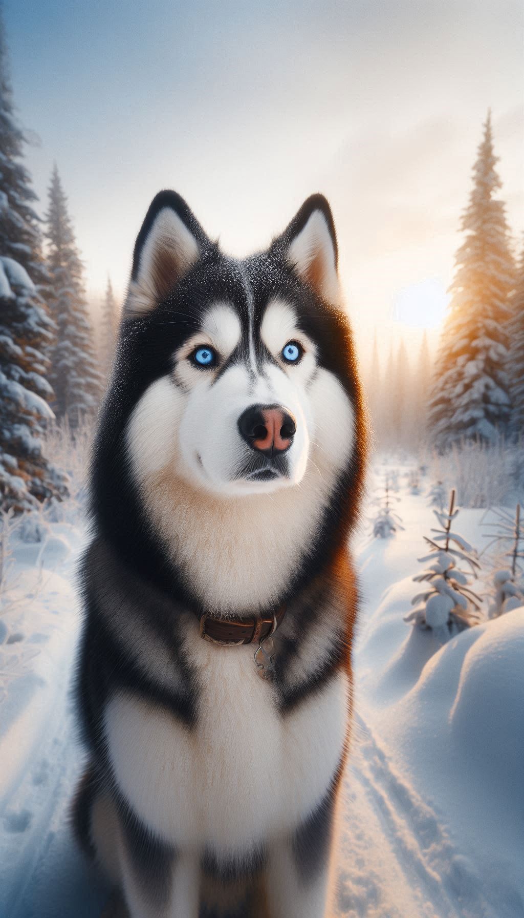 Majestic Siberian Husky with One Blue and One Brown Eye in a Snowy Landscape