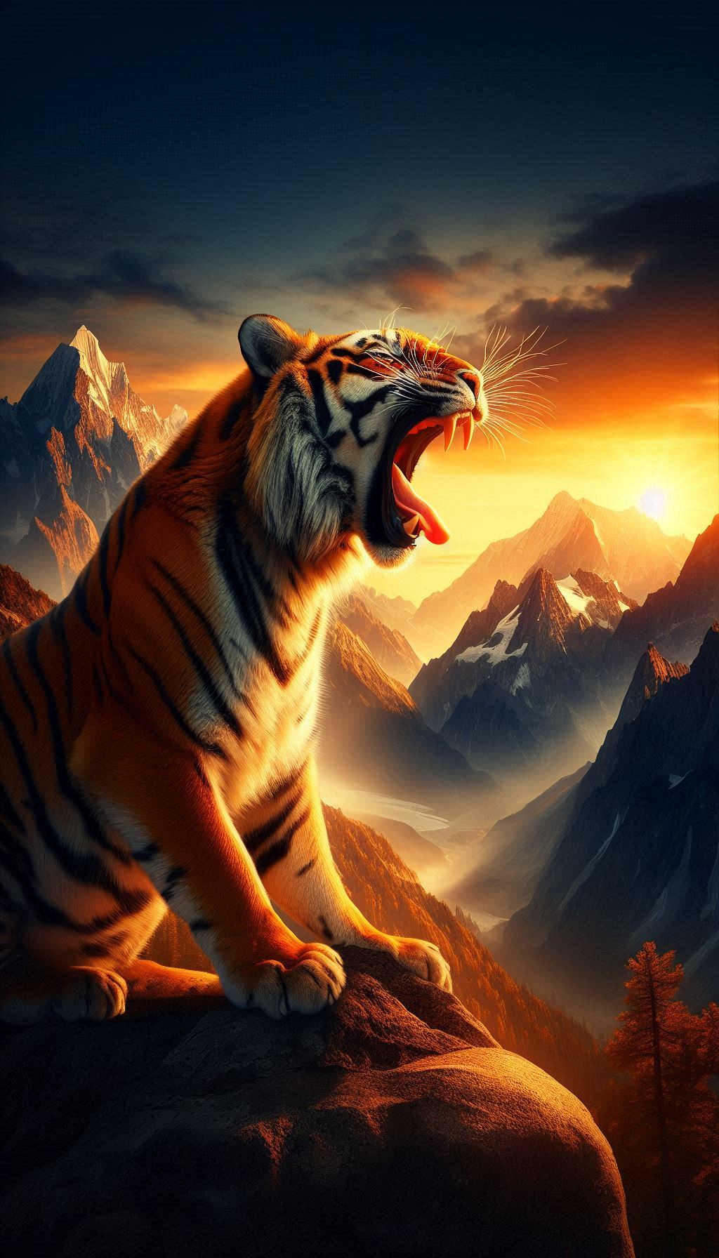 Majestic Tiger Roaring with a Mountain Backdrop at Sunrise Wallpaper