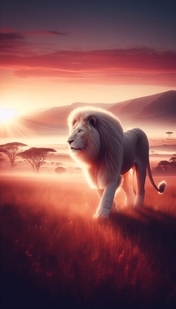 Majestic White Lion Roaming the Serene Savanna at Dawn